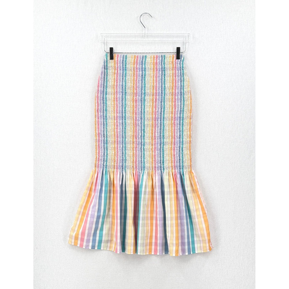 J CREW Smocked Midi Skirt Rainbow Stripe Womens White Pink Cotton Resort NEW - Picture 4 of 16